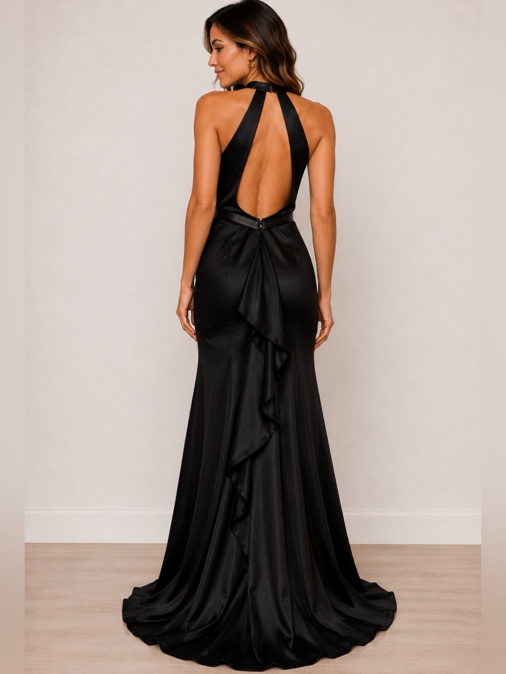 NWOT Temptation Black Halter Gown Size 4 Open Back High Low Formal Dress
